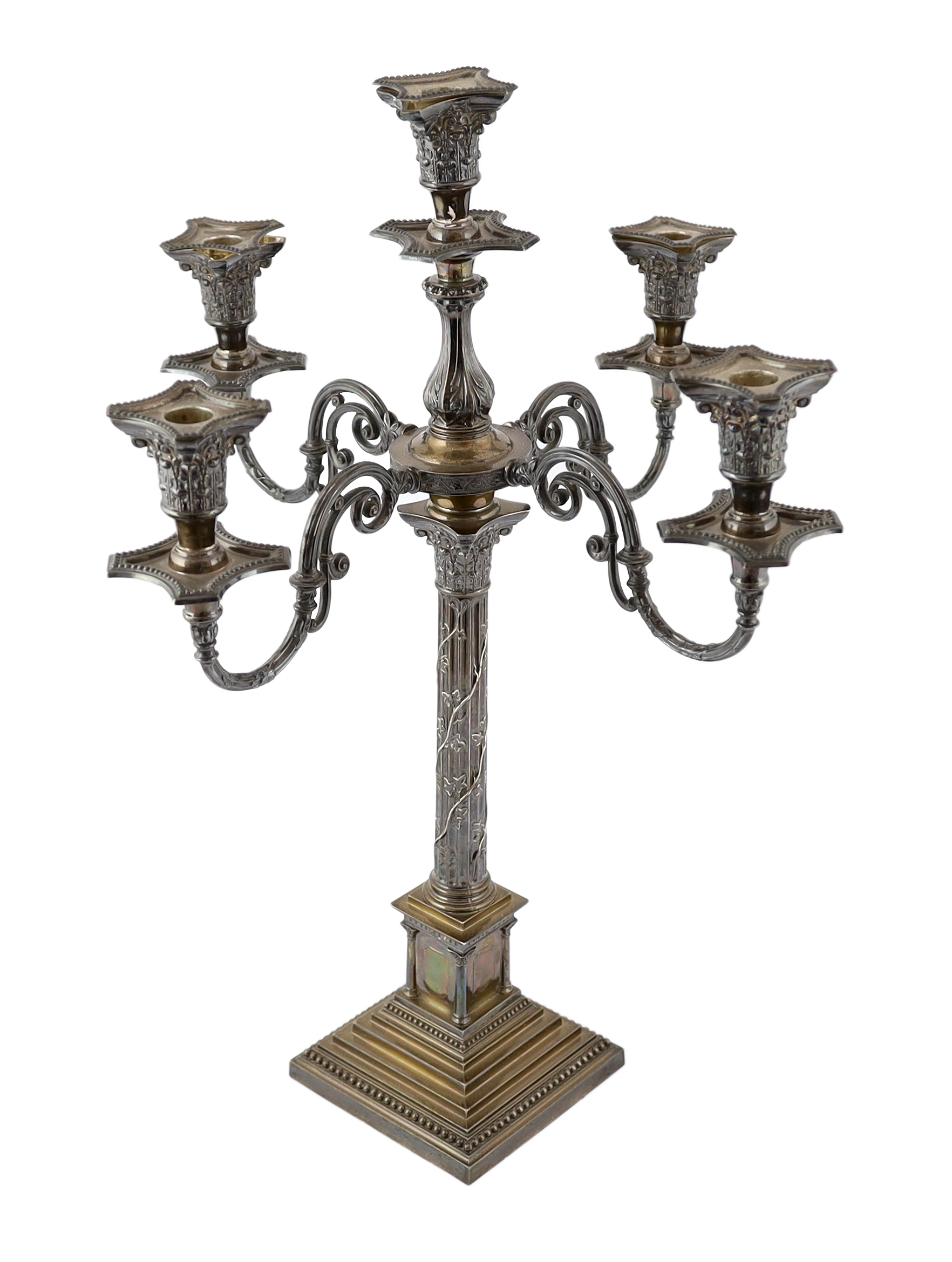 An Edwardian silver four branch, five light Corinthian column candelabrum, by James Deakin & Sons